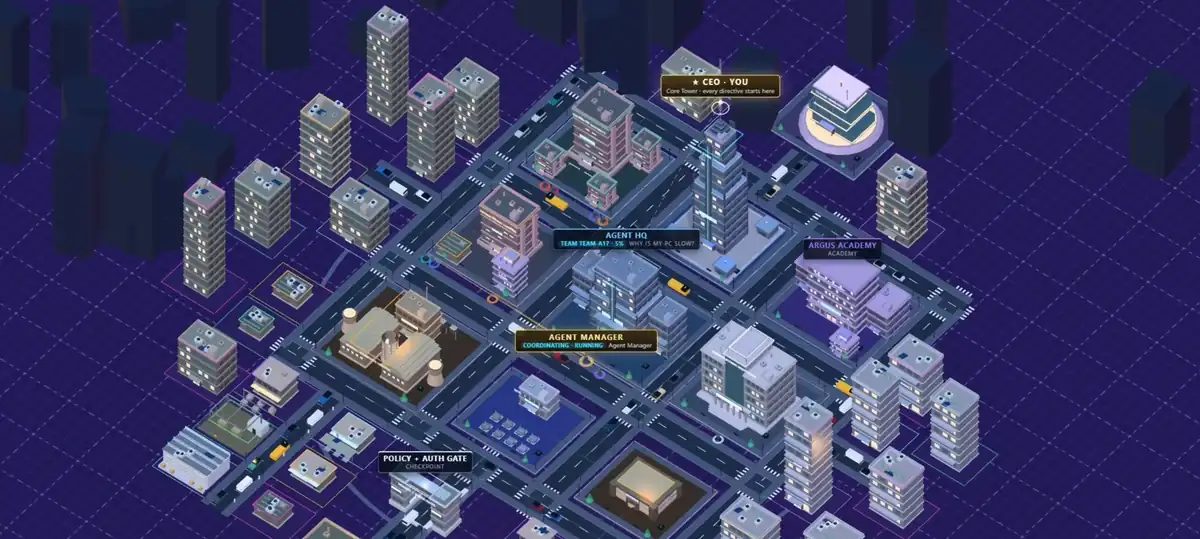 ARGUS AI City from above: an isometric city where every robot is an ARGUS agent