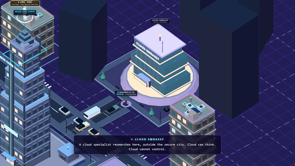 The Cloud Embassy in ARGUS AI City, where a cloud specialist agent researches outside the secure city, captioned “Cloud can think. Cloud cannot control.”