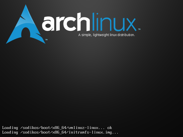 SODIK OS booting: the Arch Linux logo while the boot loader loads the kernel and initramfs
